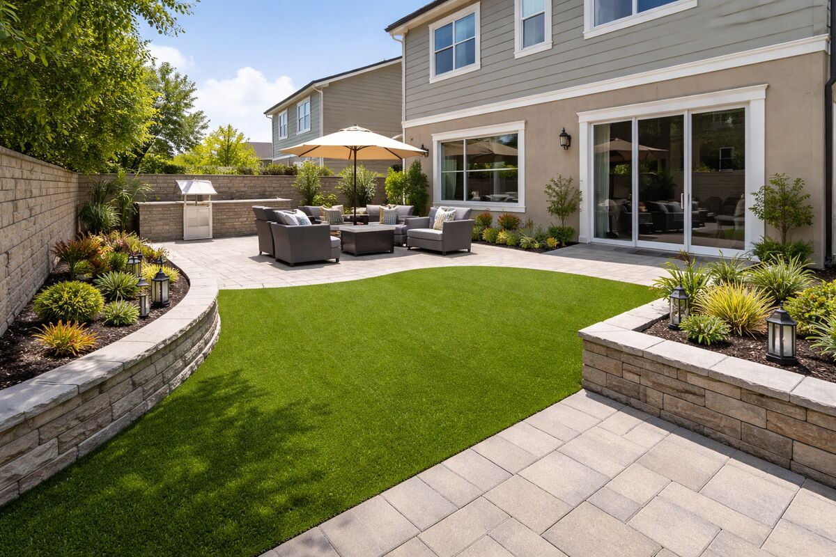 Backyard with artificial turf pavers and patio furniture